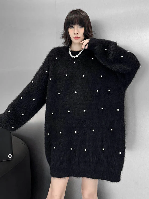 Long Sleeves Loose Beads Contrast Color Shiny Split-Joint Round-Neck Mini Dresses Sweater Dresses - Image 11