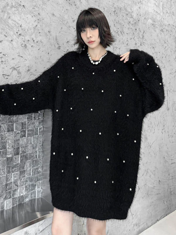 Long Sleeves Loose Beads Contrast Color Shiny Split-Joint Round-Neck Mini Dresses Sweater Dresses - Image 12