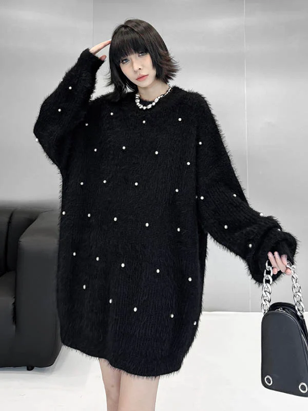 Long Sleeves Loose Beads Contrast Color Shiny Split-Joint Round-Neck Mini Dresses Sweater Dresses - Image 13
