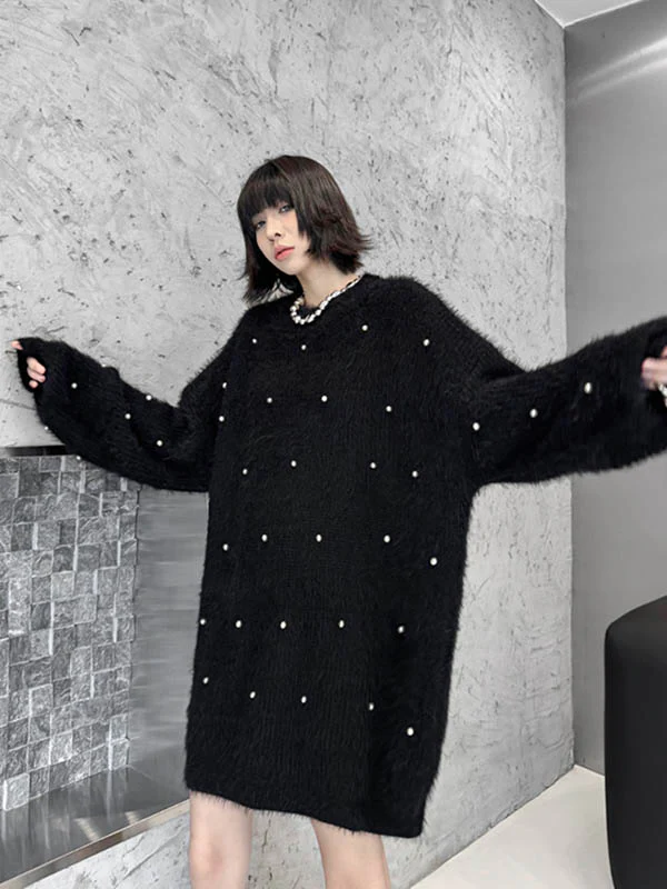 Long Sleeves Loose Beads Contrast Color Shiny Split-Joint Round-Neck Mini Dresses Sweater Dresses - Image 14