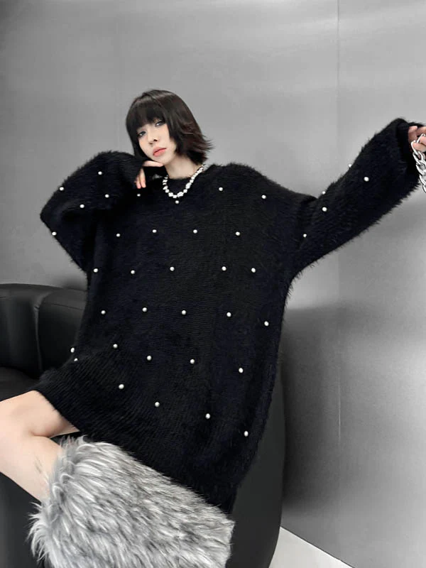 Long Sleeves Loose Beads Contrast Color Shiny Split-Joint Round-Neck Mini Dresses Sweater Dresses - Image 15