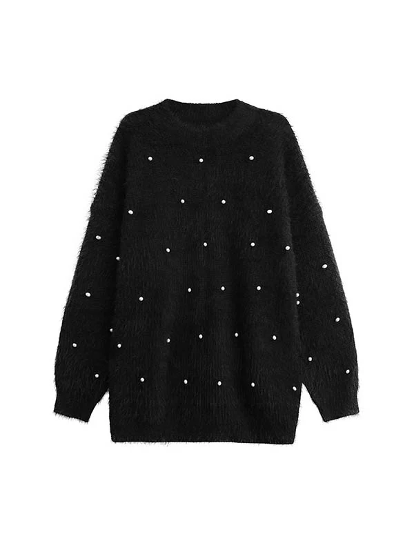 Long Sleeves Loose Beads Contrast Color Shiny Split-Joint Round-Neck Mini Dresses Sweater Dresses - Image 17