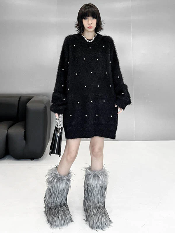 Long Sleeves Loose Beads Contrast Color Shiny Split-Joint Round-Neck Mini Dresses Sweater Dresses - Image 2