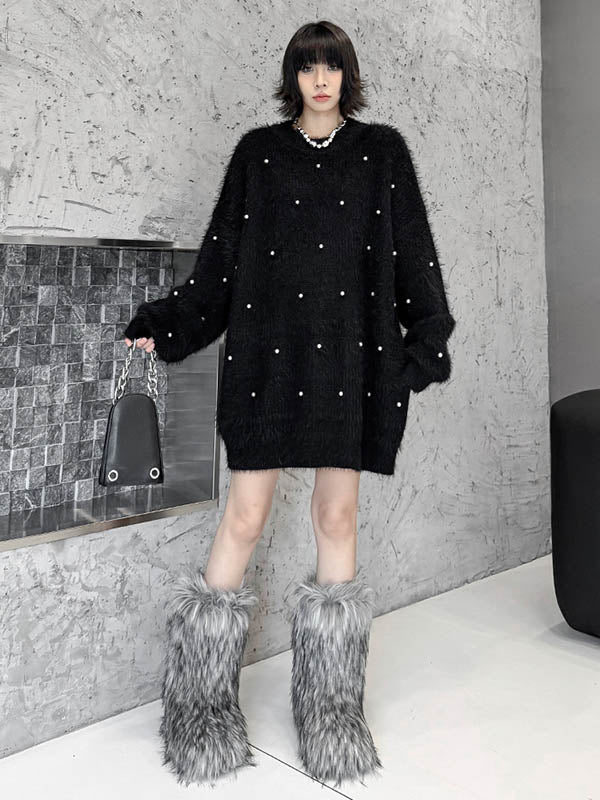 Long Sleeves Loose Beads Contrast Color Shiny Split-Joint Round-Neck Mini Dresses Sweater Dresses - Image 3