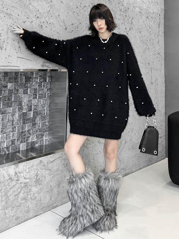 Long Sleeves Loose Beads Contrast Color Shiny Split-Joint Round-Neck Mini Dresses Sweater Dresses - Image 4