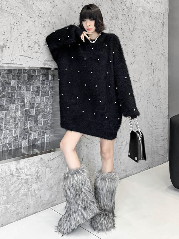Long Sleeves Loose Beads Contrast Color Shiny Split-Joint Round-Neck Mini Dresses Sweater Dresses - Image 5