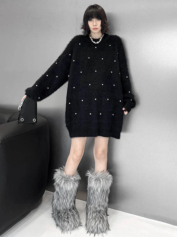 Long Sleeves Loose Beads Contrast Color Shiny Split-Joint Round-Neck Mini Dresses Sweater Dresses - Image 6