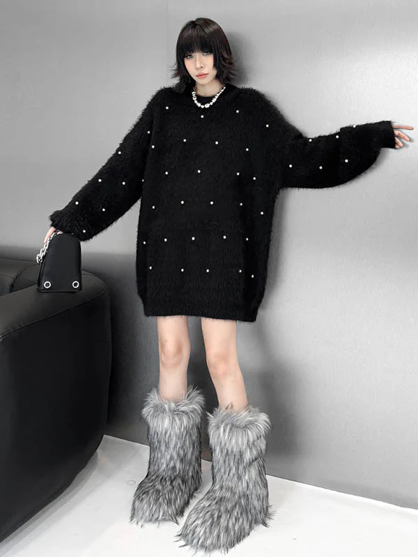 Long Sleeves Loose Beads Contrast Color Shiny Split-Joint Round-Neck Mini Dresses Sweater Dresses - Image 7
