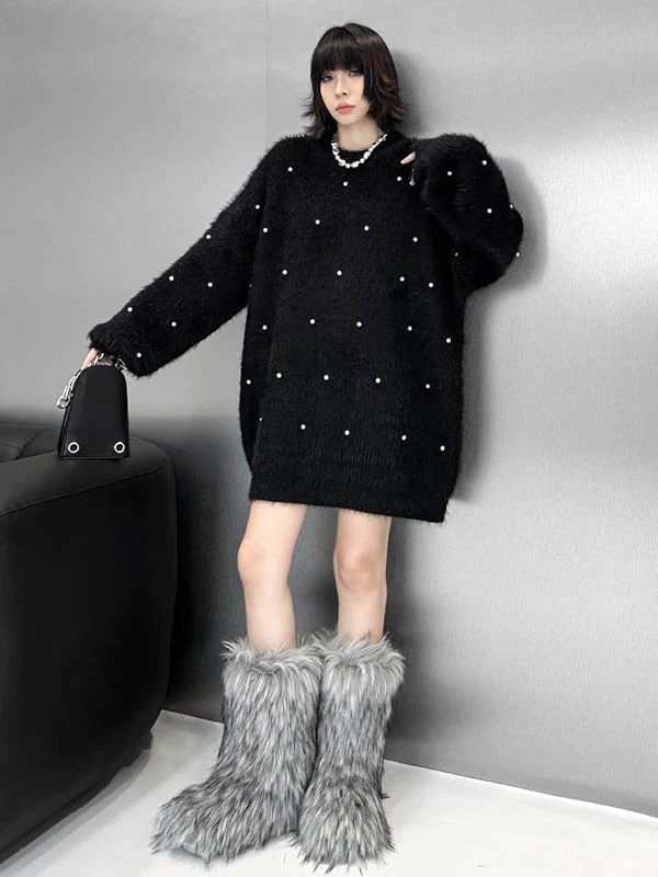 Long Sleeves Loose Beads Contrast Color Shiny Split-Joint Round-Neck Mini Dresses Sweater Dresses - Image 8