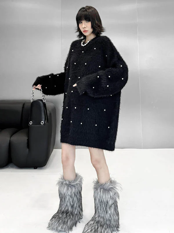 Long Sleeves Loose Beads Contrast Color Shiny Split-Joint Round-Neck Mini Dresses Sweater Dresses - Image 9