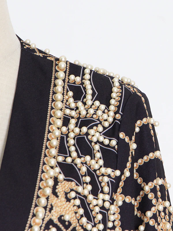 Long Sleeves Loose Beads Printed V-Neck Blazer Outerwear - Image 11