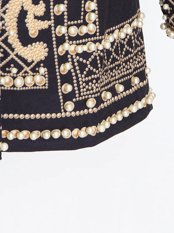 Long Sleeves Loose Beads Printed V-Neck Blazer Outerwear - Image 12