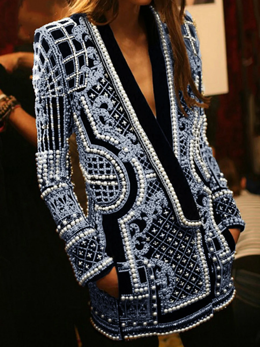 Long Sleeves Loose Beads Printed V-Neck Blazer Outerwear - Image 2