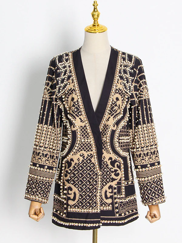 Long Sleeves Loose Beads Printed V-Neck Blazer Outerwear - Image 3