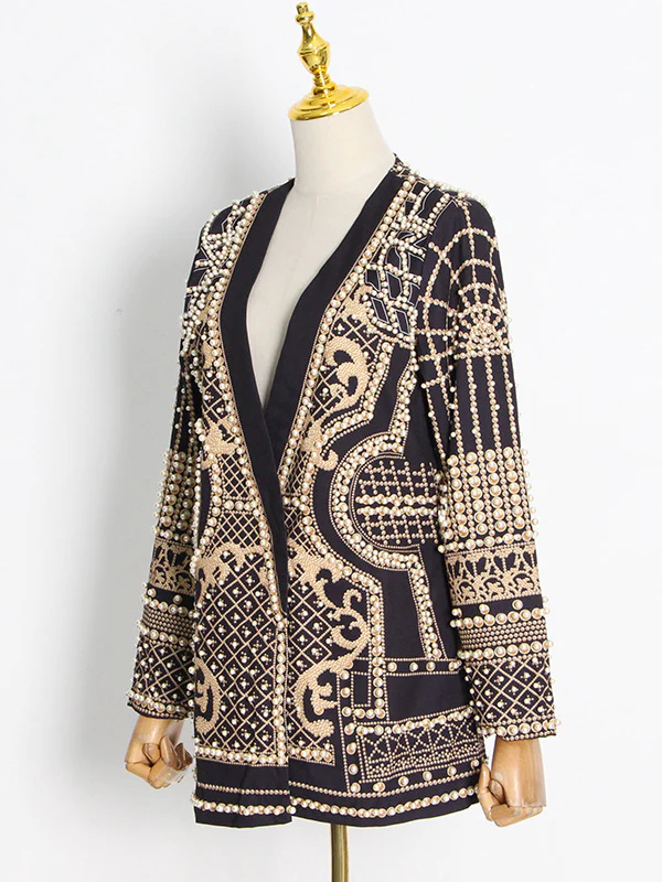 Long Sleeves Loose Beads Printed V-Neck Blazer Outerwear - Image 4