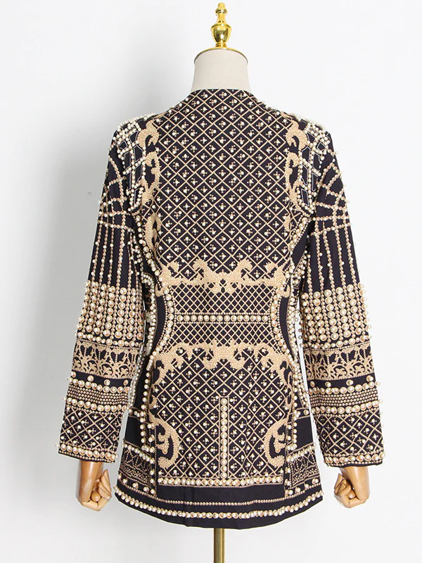 Long Sleeves Loose Beads Printed V-Neck Blazer Outerwear - Image 5