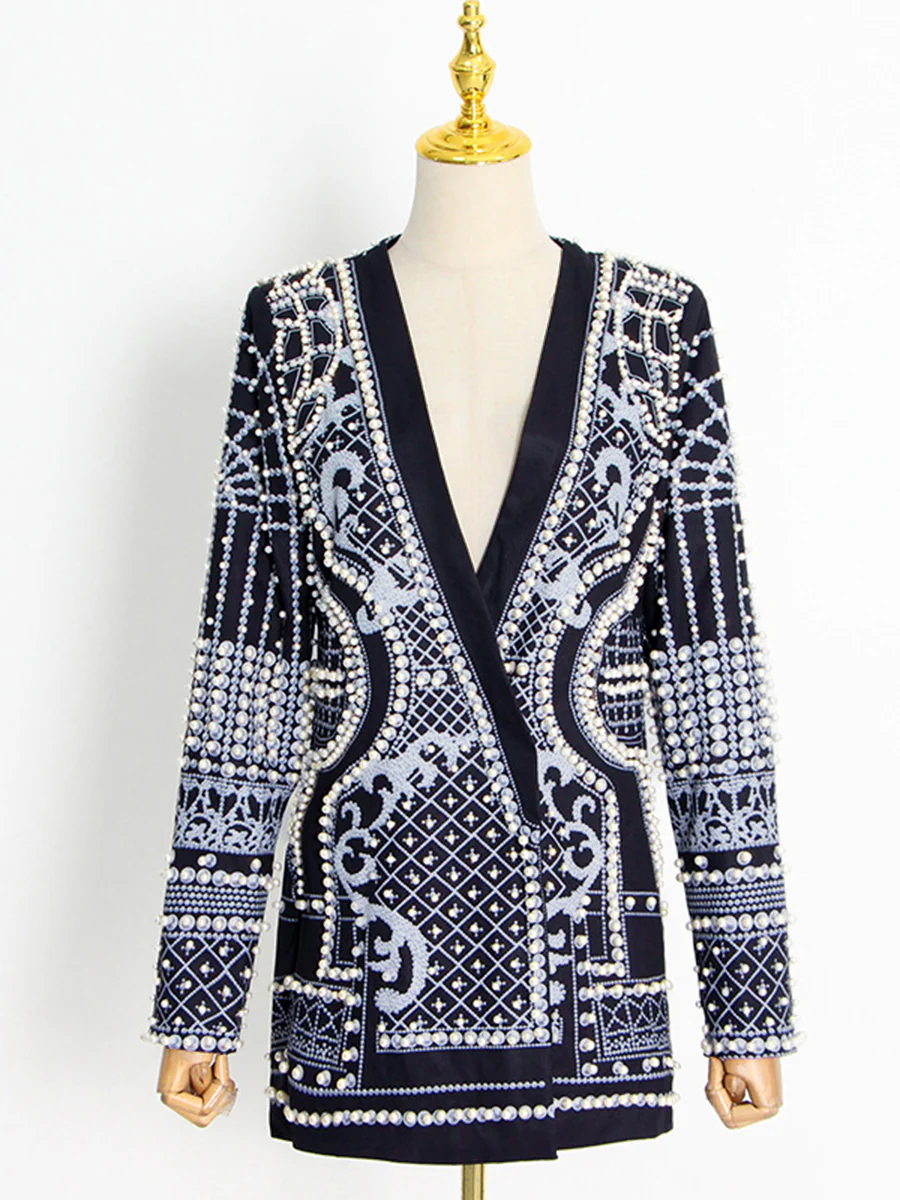 Long Sleeves Loose Beads Printed V-Neck Blazer Outerwear - Image 6
