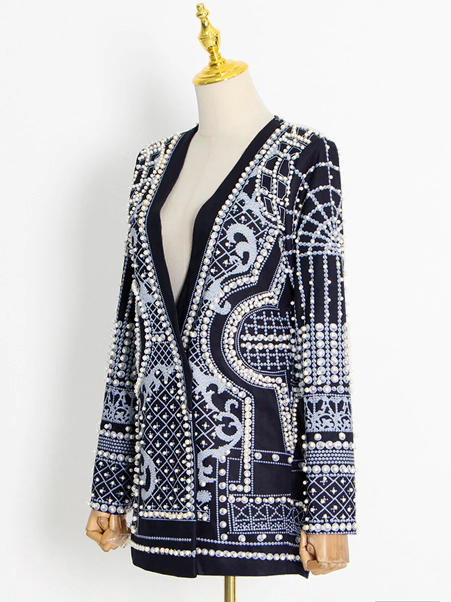 Long Sleeves Loose Beads Printed V-Neck Blazer Outerwear - Image 7