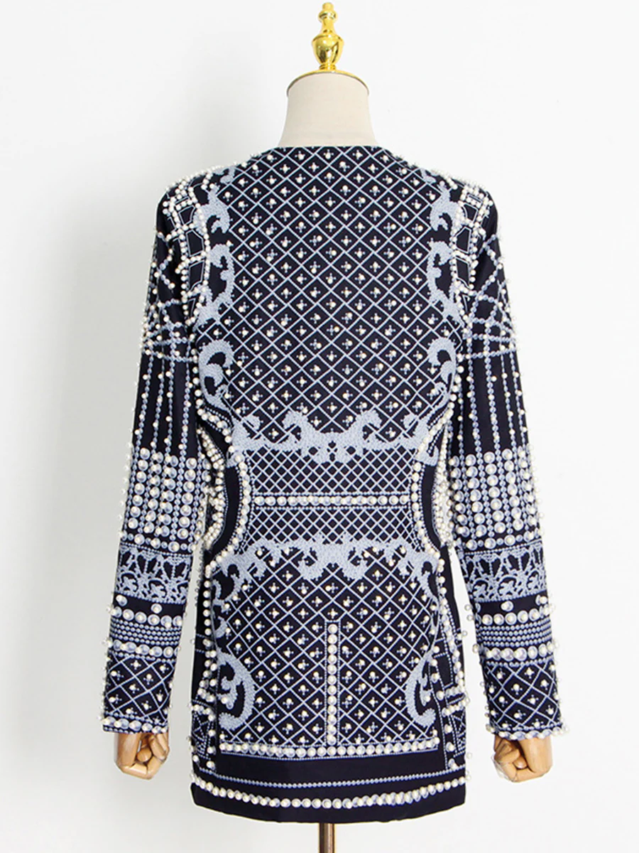 Long Sleeves Loose Beads Printed V-Neck Blazer Outerwear - Image 8