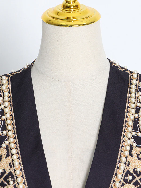Long Sleeves Loose Beads Printed V-Neck Blazer Outerwear - Image 9