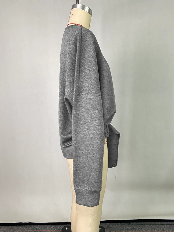 Long Sleeves Loose Belt Buckle Solid Color Round-Neck Sweatshirt Tops - Image 10
