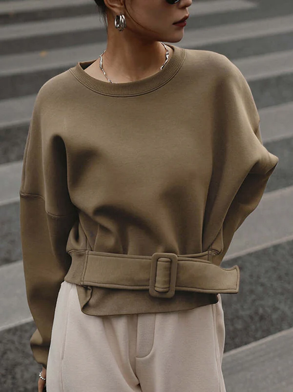 Long Sleeves Loose Belt Buckle Solid Color Round-Neck Sweatshirt Tops - Image 2