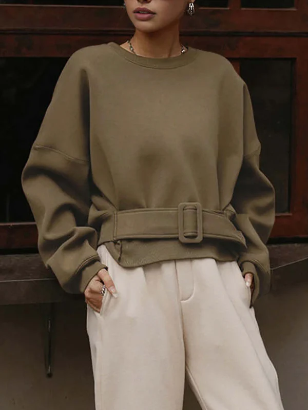Long Sleeves Loose Belt Buckle Solid Color Round-Neck Sweatshirt Tops - Image 3