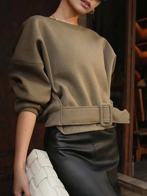 Long Sleeves Loose Belt Buckle Solid Color Round-Neck Sweatshirt Tops - Image 4
