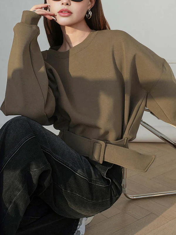 Long Sleeves Loose Belt Buckle Solid Color Round-Neck Sweatshirt Tops - Image 5