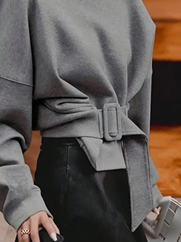 Long Sleeves Loose Belt Buckle Solid Color Round-Neck Sweatshirt Tops - Image 7