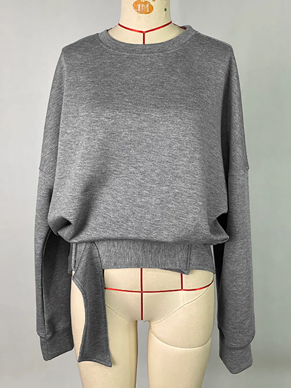 Long Sleeves Loose Belt Buckle Solid Color Round-Neck Sweatshirt Tops - Image 8