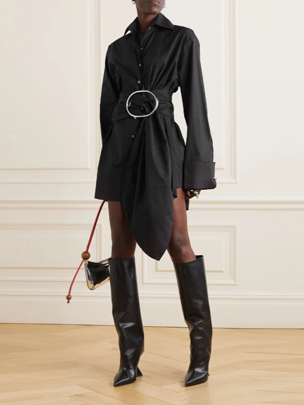 Long Sleeves Loose Belted Buttoned Lapel Mini Dresses Shirt Dress - Image 2