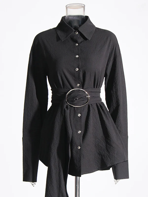 Long Sleeves Loose Belted Buttoned Lapel Mini Dresses Shirt Dress - Image 4