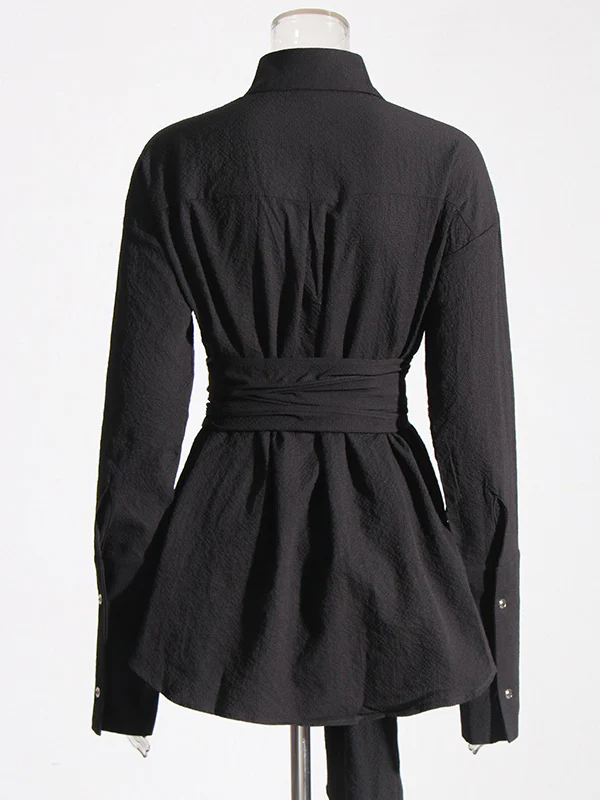 Long Sleeves Loose Belted Buttoned Lapel Mini Dresses Shirt Dress - Image 5