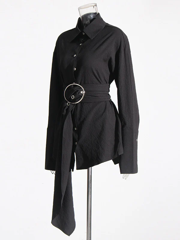 Long Sleeves Loose Belted Buttoned Lapel Mini Dresses Shirt Dress - Image 6