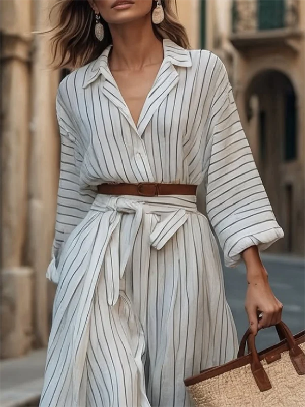 Long Sleeves Loose Belted Buttoned Striped Notched Collar Midi Dresses Shirt Dress - Image 2