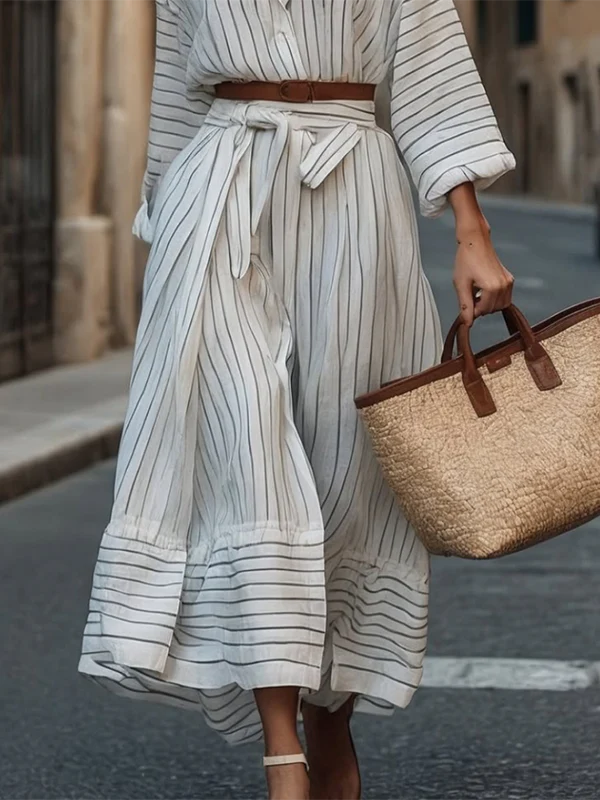 Long Sleeves Loose Belted Buttoned Striped Notched Collar Midi Dresses Shirt Dress - Image 3