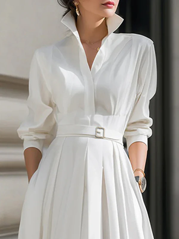 Long Sleeves Loose Belted Pockets Solid Color Stand Collar Maxi Dresses - Image 2