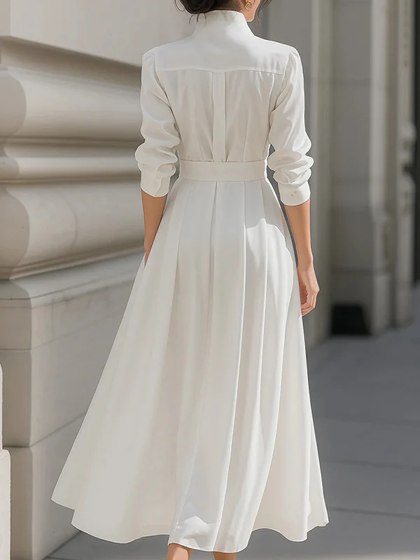 Long Sleeves Loose Belted Pockets Solid Color Stand Collar Maxi Dresses - Image 4