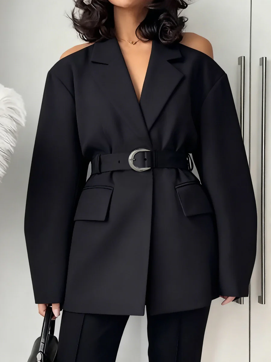 Long Sleeves Loose Belted Solid Color Split-Front Split-Joint Cold Shoulder Blazer Outerwear - Image 2