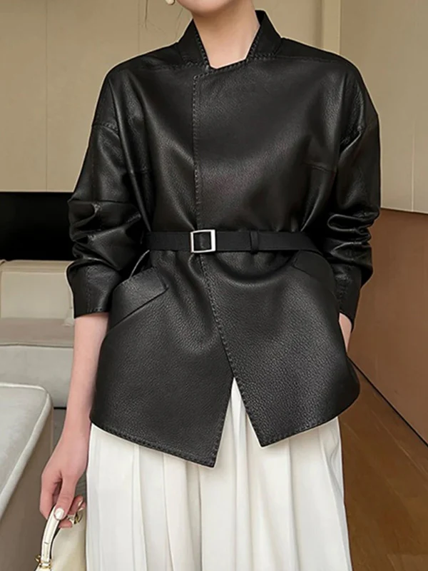 Long Sleeves Loose Belted Solid Color Stand Collar Jackets Outerwear - Image 2