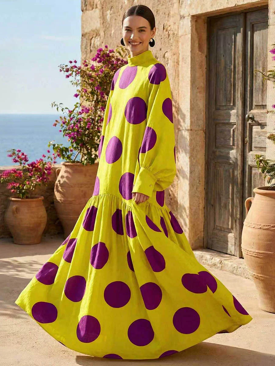 Long Sleeves Loose Big Hemline Contrast Color Pleated Polka Dot Split-Joint Half Turtleneck Maxi Dresses - Image 2