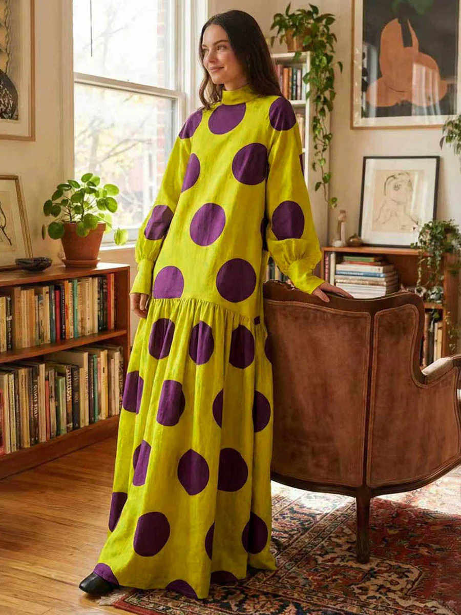 Long Sleeves Loose Big Hemline Contrast Color Pleated Polka Dot Split-Joint Half Turtleneck Maxi Dresses - Image 3