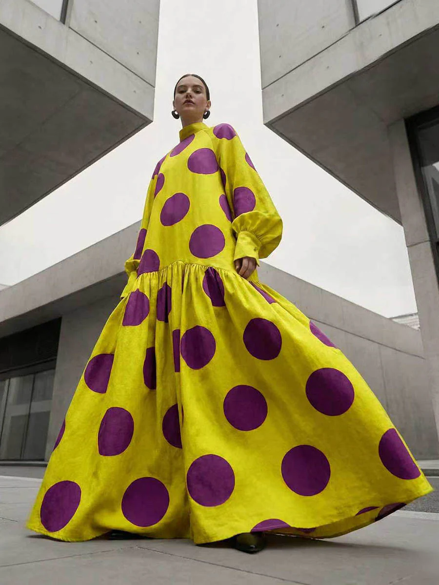 Long Sleeves Loose Big Hemline Contrast Color Pleated Polka Dot Split-Joint Half Turtleneck Maxi Dresses - Image 4