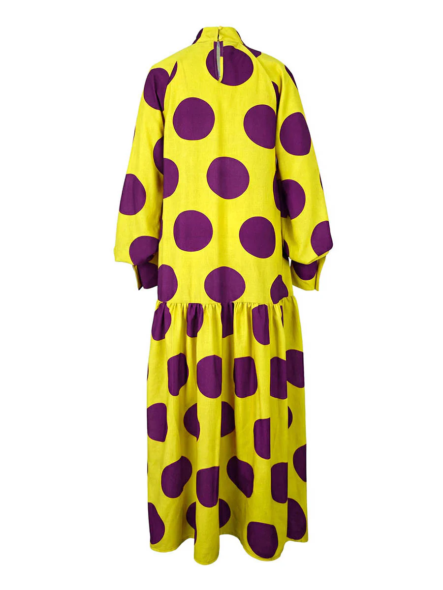 Long Sleeves Loose Big Hemline Contrast Color Pleated Polka Dot Split-Joint Half Turtleneck Maxi Dresses - Image 5