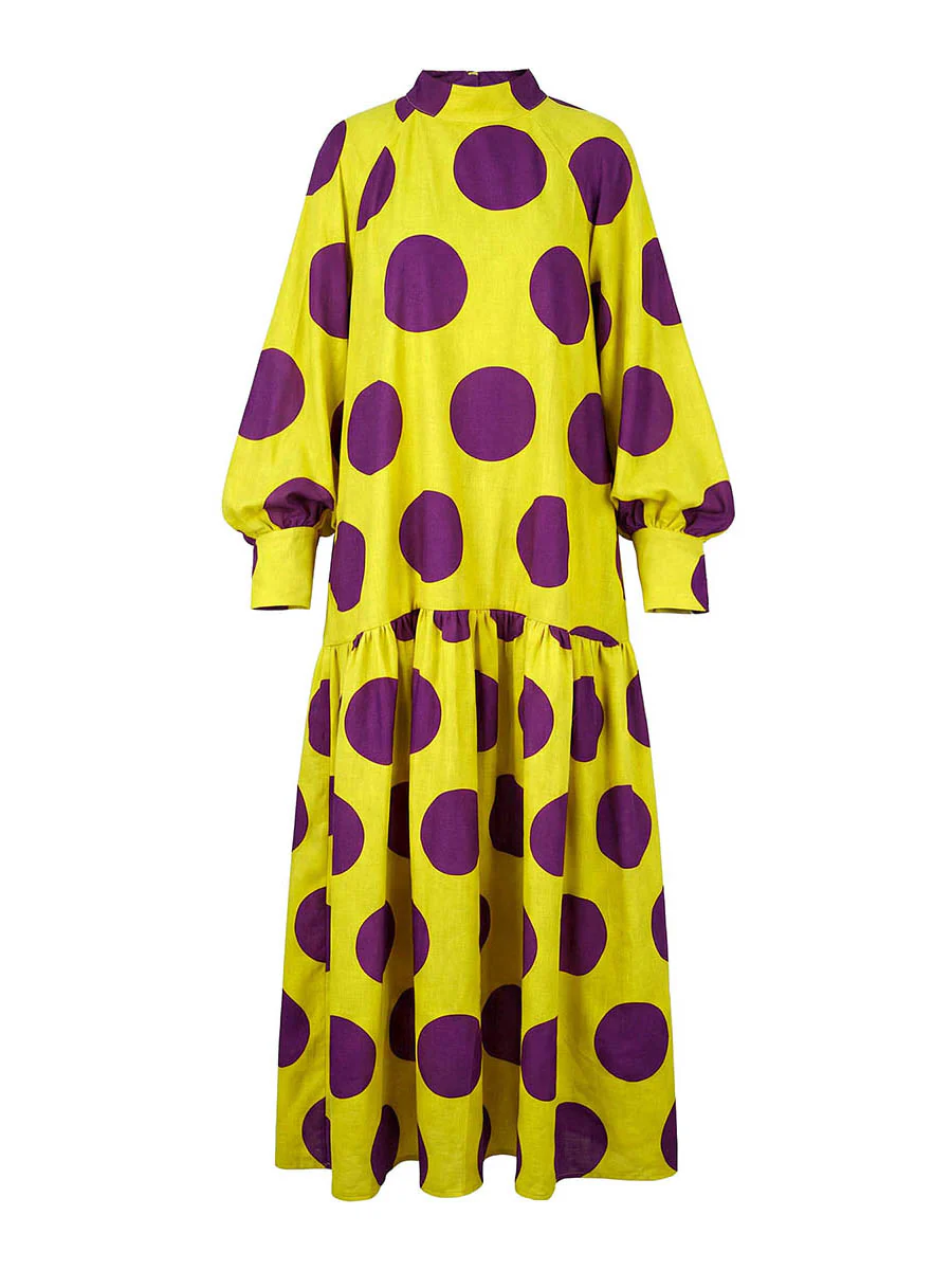 Long Sleeves Loose Big Hemline Contrast Color Pleated Polka Dot Split-Joint Half Turtleneck Maxi Dresses - Image 6