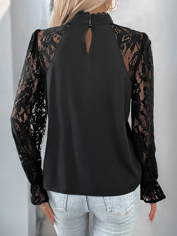 Long Sleeves Loose Black Leaves Elasticity See-Through Split-Joint Mock Neck Blouses&Shirts Tops - Image 5