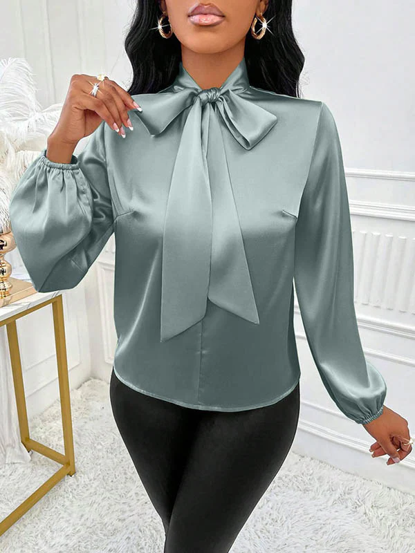 Long Sleeves Loose Bow-Embellished Pleated Solid Color Split-Joint Scarf Collar Blouses&Shirts Tops - Image 10