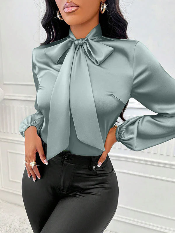 Long Sleeves Loose Bow-Embellished Pleated Solid Color Split-Joint Scarf Collar Blouses&Shirts Tops - Image 11