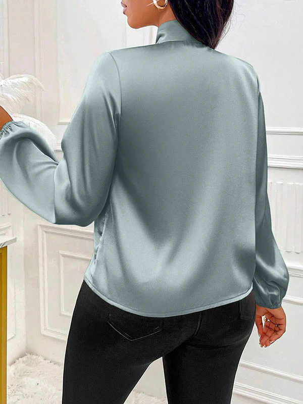 Long Sleeves Loose Bow-Embellished Pleated Solid Color Split-Joint Scarf Collar Blouses&Shirts Tops - Image 12